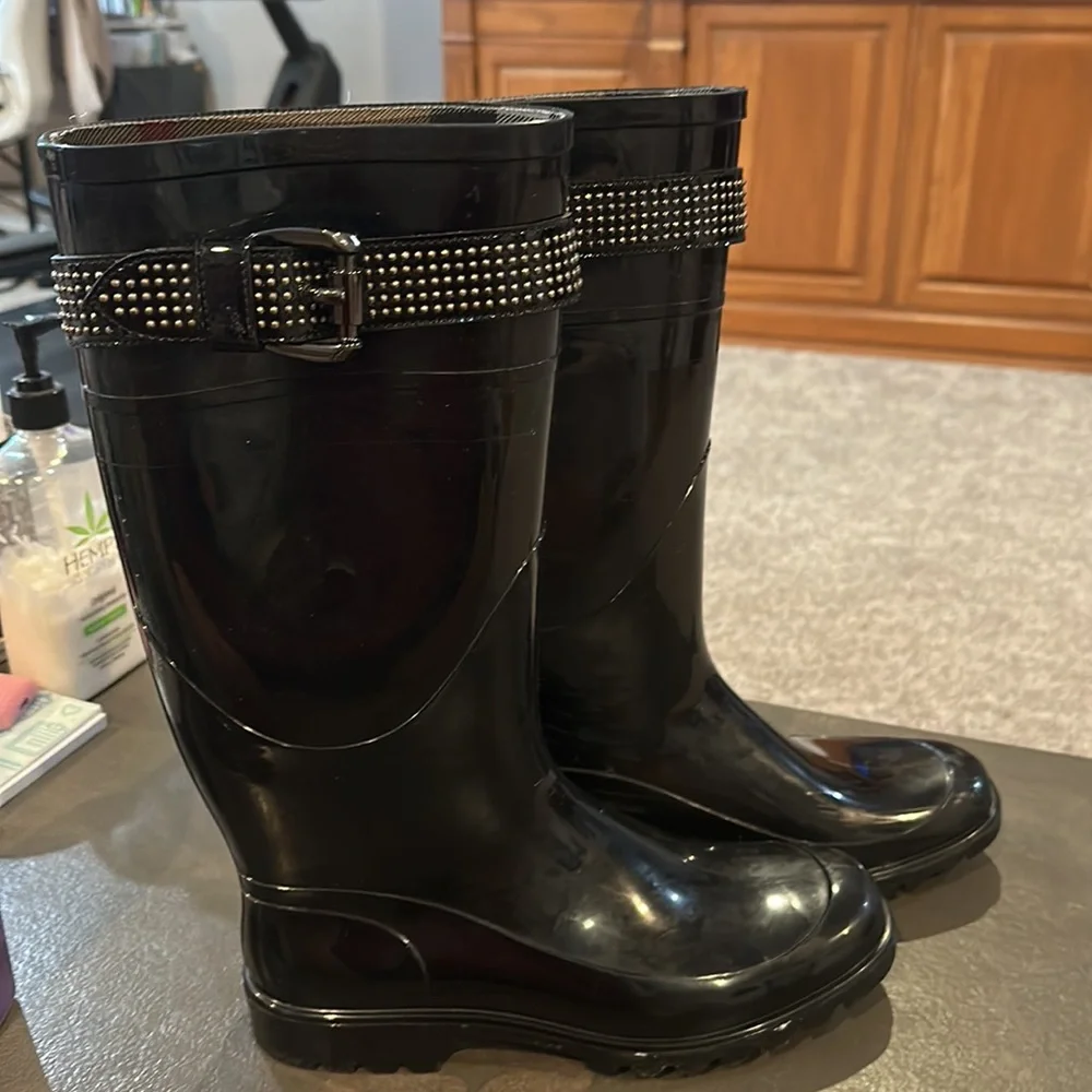 Burberry Black Patent Knee-High Rain Boots with Studded Strap Detail
